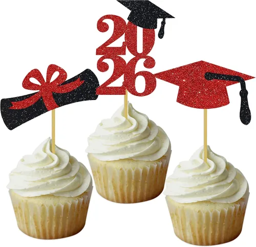 Vista 6 de Decoración para cupcakes de graduación, decoración de fiesta de graduación, selecciones de alimentos, felicitaciones, tapa de diploma con purpurina