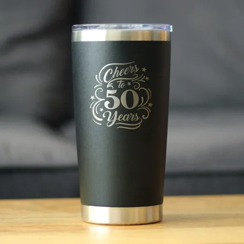 Vista 2 de Cheers to 50 Years - Vaso de café aislado con tapa deslizante - Taza aislada de acero inoxidable - Regalo para 50 aniversario - Negro
