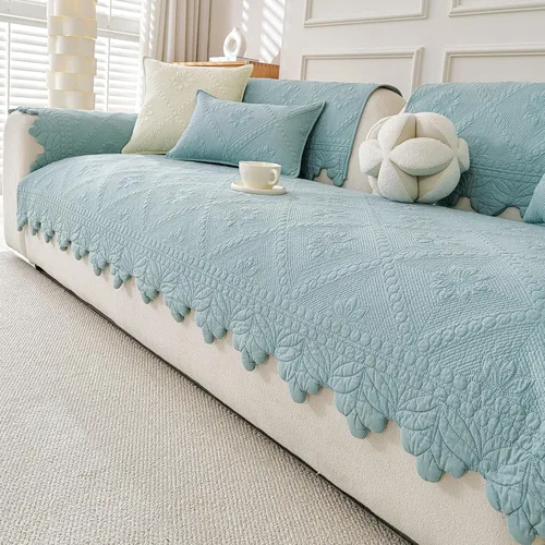 Vista 7 de vctops - Funda de sofá acolchada de algodón 100% estilo granja con bordado floral, funda de sofá antideslizante y suave, funda protectora de muebles