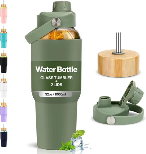 Vista 14 de PROBTTL Botellas de agua de vidrio de 32 onzas, vaso de vidrio de 1 litro, botella de agua de borosilicato con popote, funda de silicona, 2 tapas