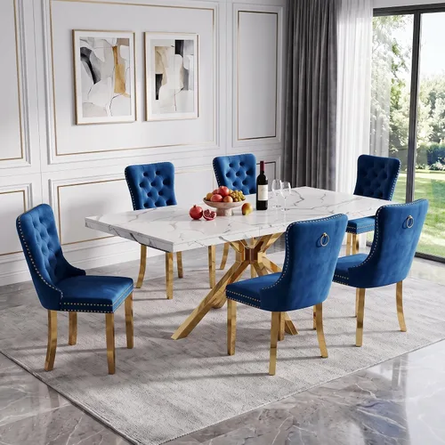 Vista 26 de Henf Mesa de comedor de mármol sintético blanco de 70 pulgadas para 4-6 personas, mesa de cocina rectangular moderna con mesa de mármol sintético