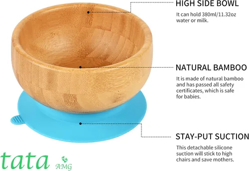 Vista 3 de Plato de succión y cuenco de bambú con tenedor y 2 cucharas Plato de alimentación de madera dividido para niños pequeños Juego de utensilios