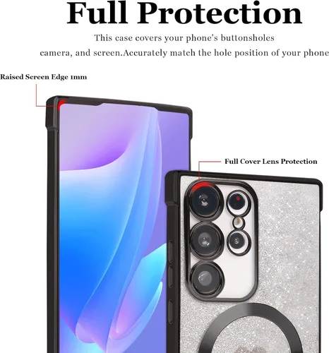 Vista 3 de FIRSTPELLA Funda magnética con purpurina para Samsung Galaxy S23 Ultra - [compatible con MagSafe] Funda transparente de lujo chapada