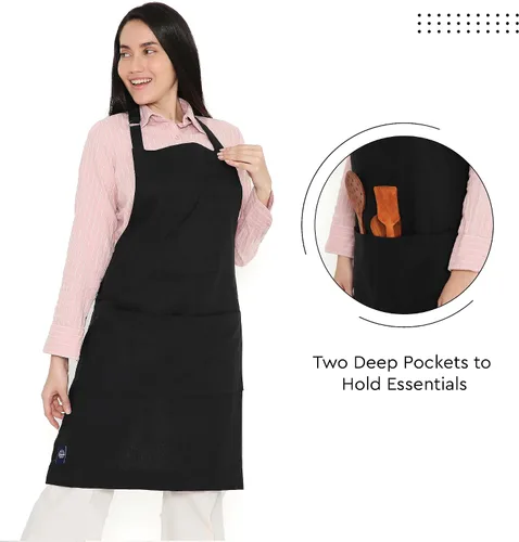 Vista 3 de Encasa XO Delantal de algodón ajustable con bolsillos y toallero de tamaño 27 x 33 pulgadas (negro completo) para hombres y mujeres, chefs