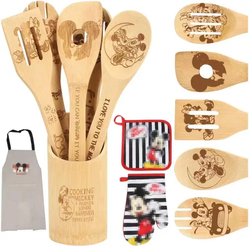 Vista 7 de Cuchara de madera para cocinar, cucharas de madera de dibujos animados, juego de utensilios de bambú para decoración de cocina, regalo