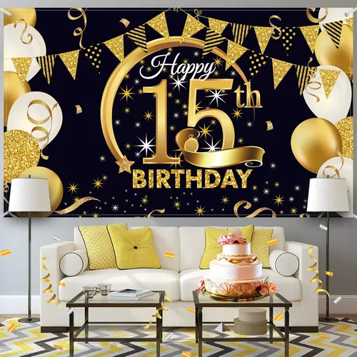 Vista 5 de Decoración de fiesta de cumpleaños número 15, cartel póster de tela extra grande negro y dorado para telón de fondo de cabina de fotos