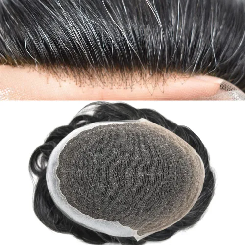 Vista 28 de Toupee para hombres, sistema de reemplazo de cabello humano Remy, nudos blanqueados, encaje frontal, piel fina, para hombre, color gris, pelucas