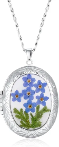 Vista 81 de Forget-Me-Not and Queen Anne's Lace Pressed Wildflower Necklace Birth Month Real Flower Necklace Gold/Silver Pressed Flower Jewelry
