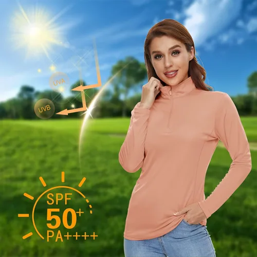 Vista 4 de CRYSULLY Camisas de manga larga para mujer, protección solar, cremallera de 14, de verano, de secado rápido