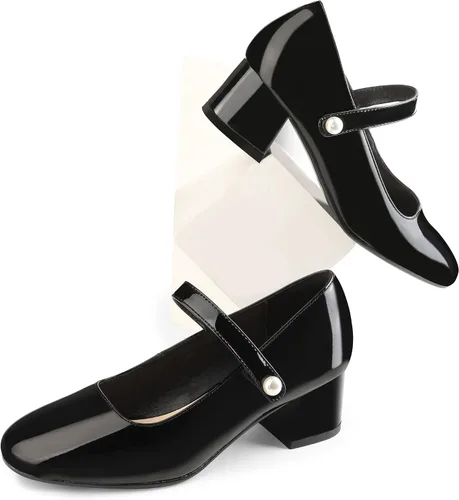 Vista 7 de Naiyee Mary Jane Shoes - Zapatos de vestir con correa de tobillo y tacón grueso para mujer, zapatos de tacón bajo con punta redondeada