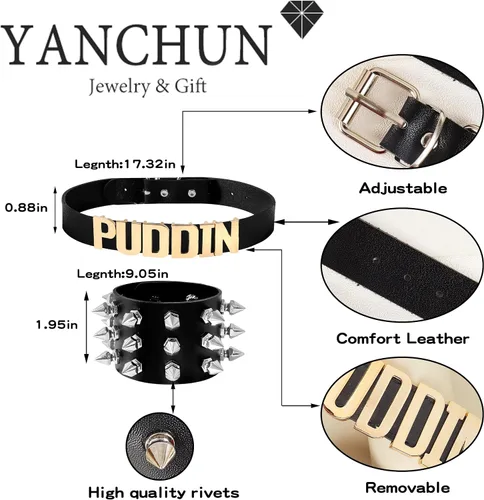 Vista 4 de YANCHUN Gargantilla Puddin para mujer, pulsera de cuero con pinchos, accesorios de disfraz de Halloween