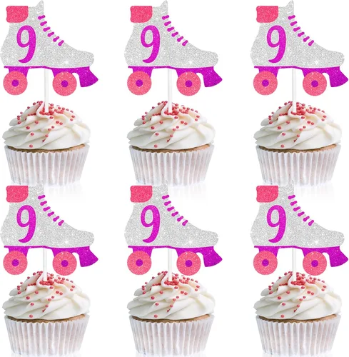 Vista 8 de 18 piezas de decoración de cupcakes para fiestas de cumpleaños número 10, decoración de patín rosa y morado para niños de 10 años y niñas, fiesta