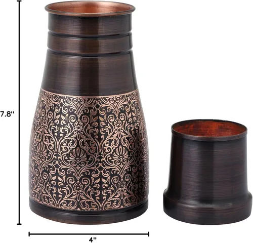 Vista 10 de Jarra de noche de cobre puro para beneficios de salud ayurveda, capacidad - 1 litro (33.81 onzas líquidas de EE. UU.) (patrón floral)