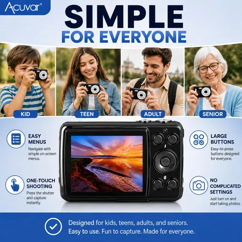 Vista 3 de Acuvar - Cámara digital de 16 MP, cámara compacta de apuntar y disparar con pantalla LCD de 2.4 pulgadas, tarjeta micro SD de 32 GB, cámara de viaje