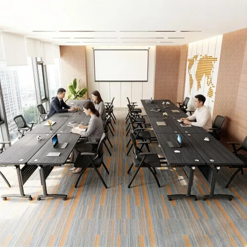 Vista 2 de Mesa de conferencias plegable con ruedas, mesa modular para sala de conferencias con 2 ojales para cables, mesas móviles de sala de reuniones