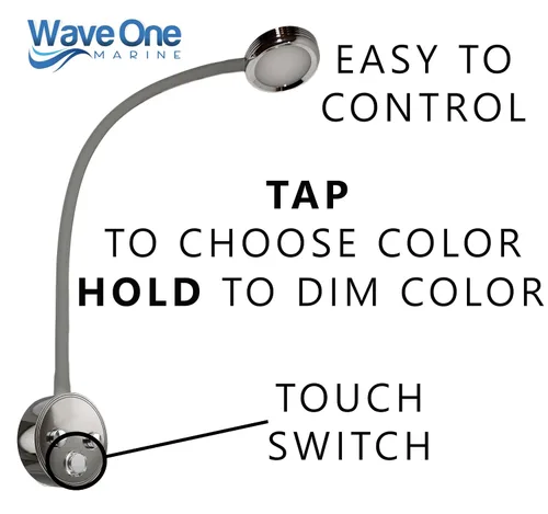Vista 3 de Wave One Marine Luz de lectura LED de cuello de cisne de doble color Flexible regulable velero cabina mapa pared barco yate RV iluminación Cromo