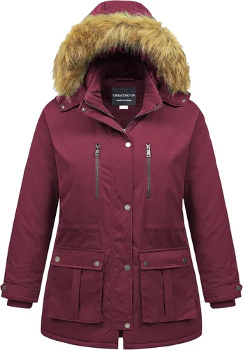 Vista 9 de CREATMO US Abrigo de invierno para mujer, talla grande, impermeable, chaqueta puffer larga, cálida, militar, gruesa, parka con capucha de piel Gris