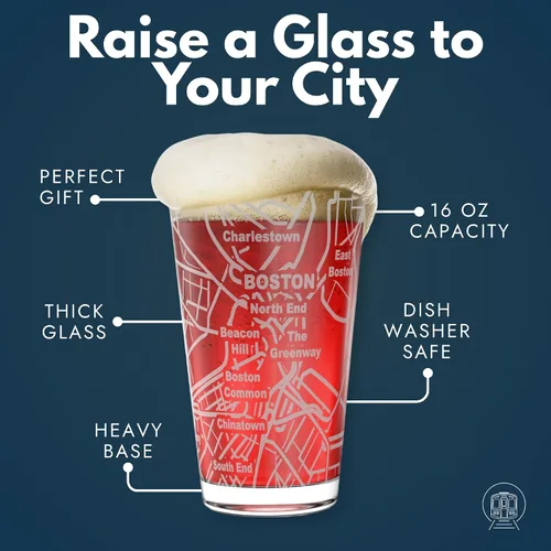 Vista 2 de Greenline Goods Boston, MA Map - Vasos de cerveza (juego de 2), 16 onzas - Diseño de envoltura grabada