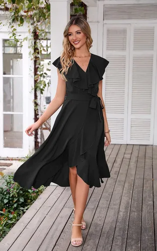 Vista 7 de PRETTYGARDEN Vestido midi cruzado de verano para mujer, casual, bohemio, cuello en V profundo, manga corta, dobladillo con volantes, vestido largo