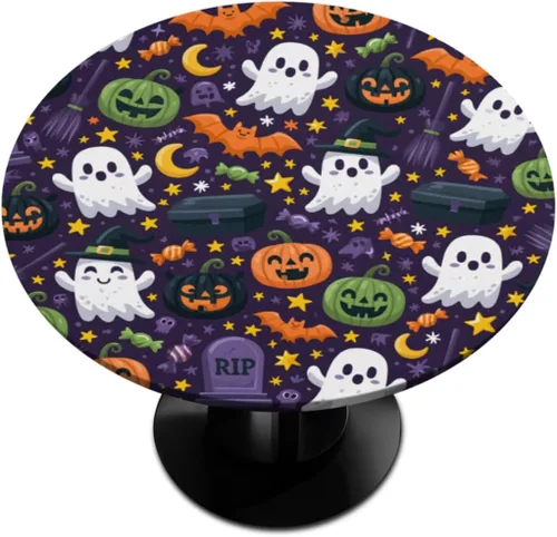 Vista 28 de Mantel redondo ajustado con diseño de calabaza de otoño, hojas de otoño, color amarillo, pequeño con borde elástico, manteles circulares lavables