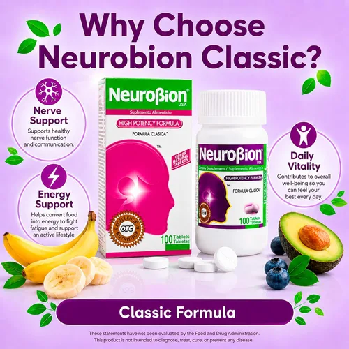 Vista 7 de NeuroBion 100 tabletas La fórmula original de una vez al día en la clásica caja blanca; importación auténtica sellada