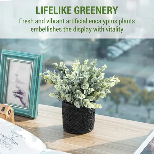 Vista 3 de MyGift Planta artificial de eucalipto en macetas modernas de hormigón gris con patrón geométrico en relieve (1, negro)