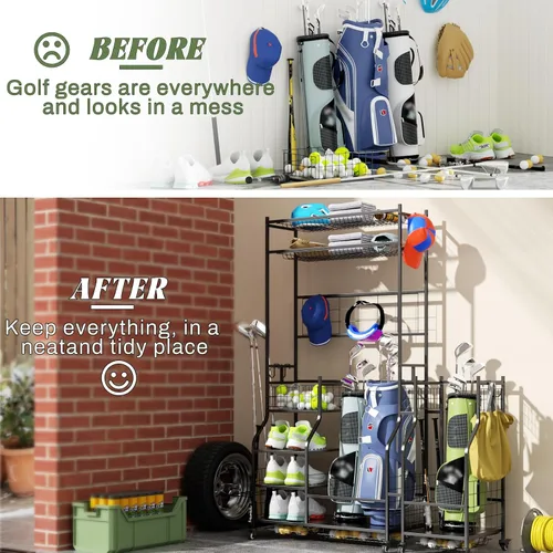 Vista 2 de ROOMTEC Organizador de almacenamiento de bolsas de golf, estante de almacenamiento de bolsas de golf para garaje, estante de almacenamiento