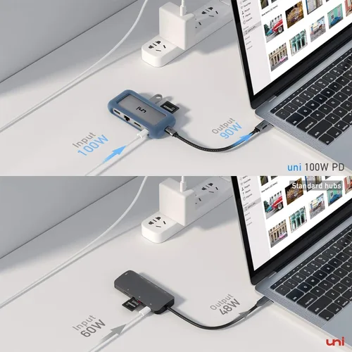 Vista 4 de uni Adaptador multipuerto USB C Hub con cable desmontable, concentrador USB C 8 en 1 con HDMI 4K, Ethernet de 1 Gbps, lector de tarjetas SD, 100 W