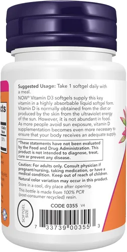 Vista 3 de NOW Foods Suplementos, Vitamina D-3 2,000 UI, Alta Potencia, Soporte Estructural*, 30 Cápsulas Blandas