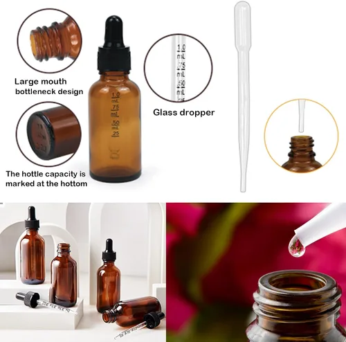 Vista 3 de Paquete de 20, botella cuentagotas de vidrio ámbar de 2 onzas con cuentagotas medido, embudos Essential Oil Tincture Bottles,60ml Brown Glass