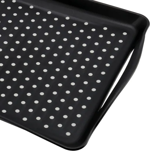Vista 3 de Paquete de 4 bandejas antideslizantes para servir alimentos con asas, bandeja rectangular de plástico de 16.5 x 11.4 x 1.57 pulgadas, bandeja negra