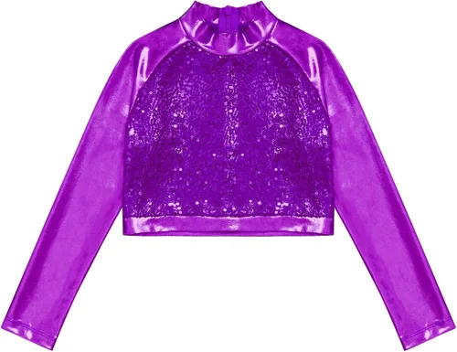 Vista 3 de Lorilida Camiseta corta de manga larga metálica para niñas y niñas, cuello alto, con brillantina, leotardo de ballet para gimnasia, rendimiento