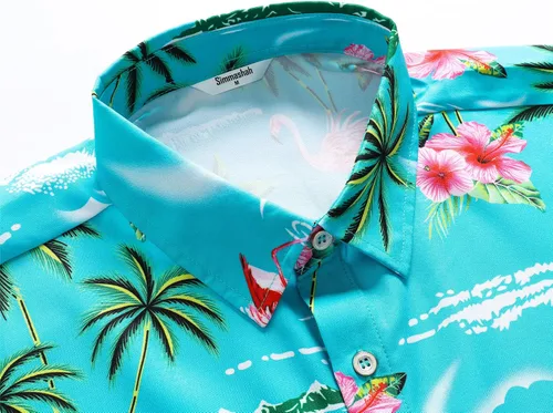 Vista 4 de Camisa hawaiana para hombre, manga corta, con botones, ropa de playa, unisex, flamencos de verano, camisas florales Aloha