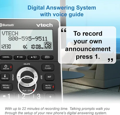 Vista 3 de VTech VS306-5 DECT 6.0 5 teléfonos inalámbricos para el hogar con Bluetooth, sistema de contestación, bloqueador de llamadas inteligente, anuncio