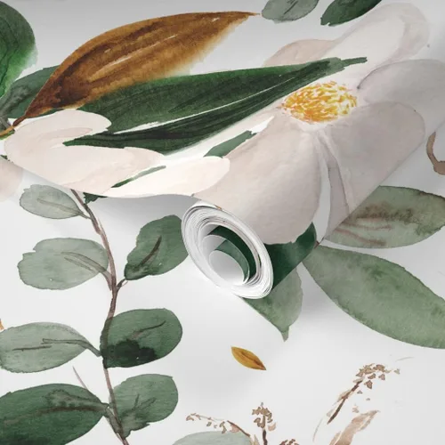 Vista 2 de Muestra de papel tapiz extraíble - Magnolias florales doradas flores blancas papel pintado prepegado personalizado por Spoonflower