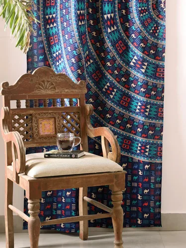 Vista 4 de Popular Handicrafts Cortinas hippie azul con mandala de camello de 100 pulgadas de largo para sala de estar o dormitorio, juego de 2 paneles
