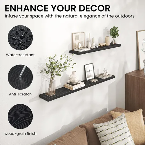 Vista 5 de Heimlove Estantes flotantes para pared, estante de 16 pulgadas para baño pequeño, almacenamiento montado y exhibición, estantes de madera para Negro
