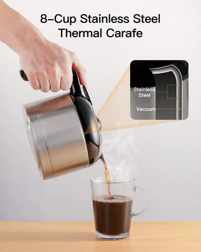 Vista 2 de Cafetera térmica de 8 tazas, programable, goteo con control de fuerza, acero inoxidable con temporizador y arranque automático, filtro reutilizable