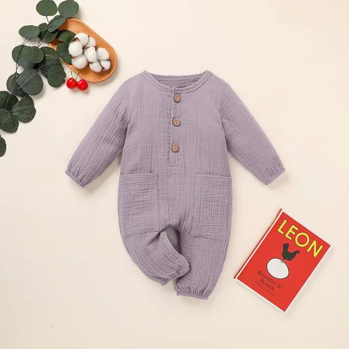 Vista 2 de Ropa de bebé con bolsillos, trajes de algodón para niña, mameluco de lino para niñas (morado, 3-6 meses)
