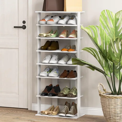 Vista 11 de Tangkula Zapatero vertical de 7 niveles, zapatero patentado de madera de doble fila con dispositivo anticaída, organizador de zapatos estrecho