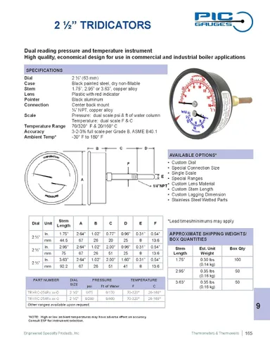 Vista 5 de PIC Gauges TRI-RC-254R1.75-D Tridicador comercial, caja de acero negro, internos de bronce, lente de plástico con indicador rojo, esfera de 2.5