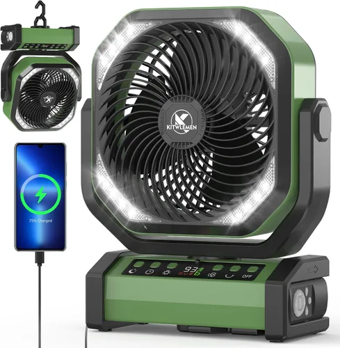 Vista 9 de KITWLEMEN - Ventilador de camping con luz - Ventilador recargable de 20,000 mAh con batería, tiempo máximo de funcionamiento de 60 horas, 4