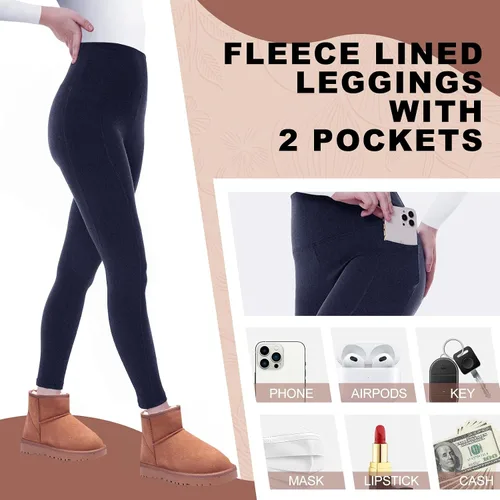 Vista 2 de Opuntia Paquete de 2 leggings de cintura alta con forro polar para mujer, pantalones cálidos de invierno, control de abdomen, yoga, senderismo