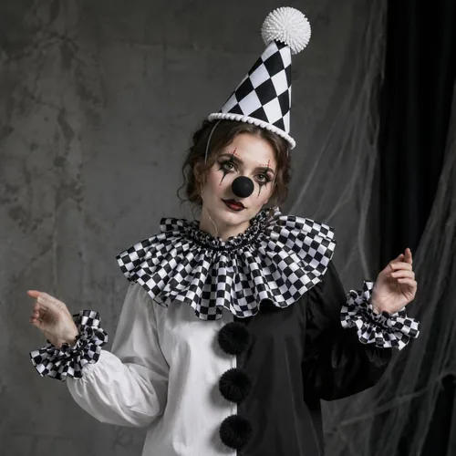 Vista 4 de Accesorios de disfraz de payaso, sombrero de bufón, cuello con volantes Blanco y negro