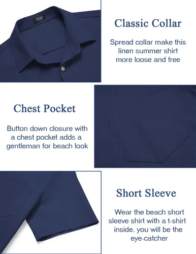 Vista 5 de COOFANDY Conjunto de 2 piezas de lino para hombre, conjunto de camisa y pantalón con botones para la playa