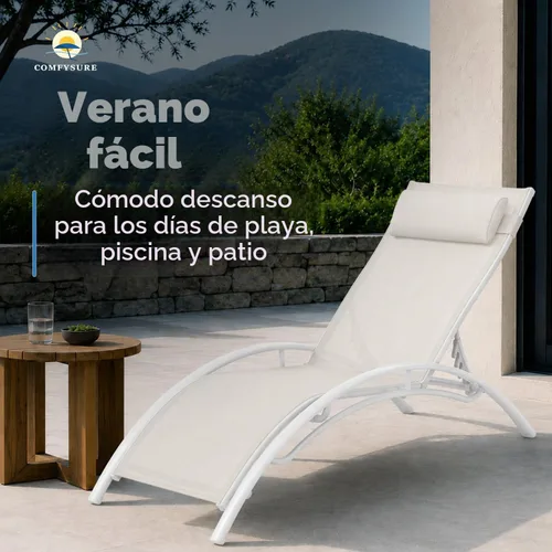 Vista 4 de ComfySure Juego de 2 sillas de aluminio reclinables de textileno de 4 posiciones con almohada y reposabrazos, apilables, resistentes a los rayos UV