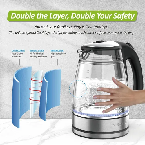 Vista 3 de NISVITU Hervidor eléctrico inalámbrico de vidrio y acero inoxidable para hervir agua, hervidor de agua caliente Hervidor eléctrico de té con apagado