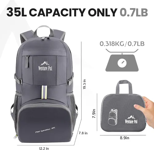 Vista 38 de Venture Pal 35L Ultraligero Ligero Plegable Plegable Viaje Camping Senderismo Deportes al aire libre Mochila Daypack
