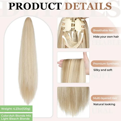 Vista 3 de Extensión de cola de caballo de 18 pulgadas, 20 pulgadas, larga, rizada, ondulada, recta, con clip, de aspecto natural, extensión de cabello