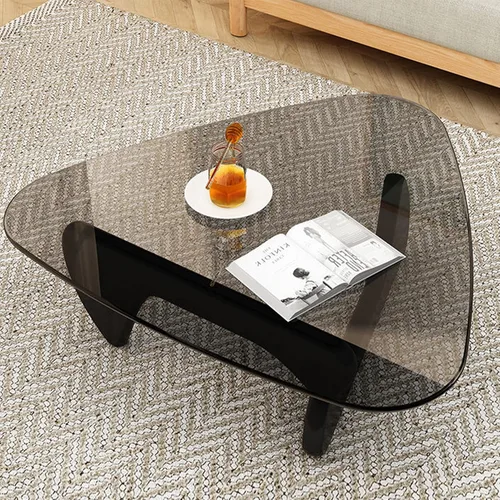Vista 4 de Mesa auxiliar de cristal triangular, simple y moderna, mesa auxiliar vintage de vidrio y base de madera maciza, mesa auxiliar para sala de estar